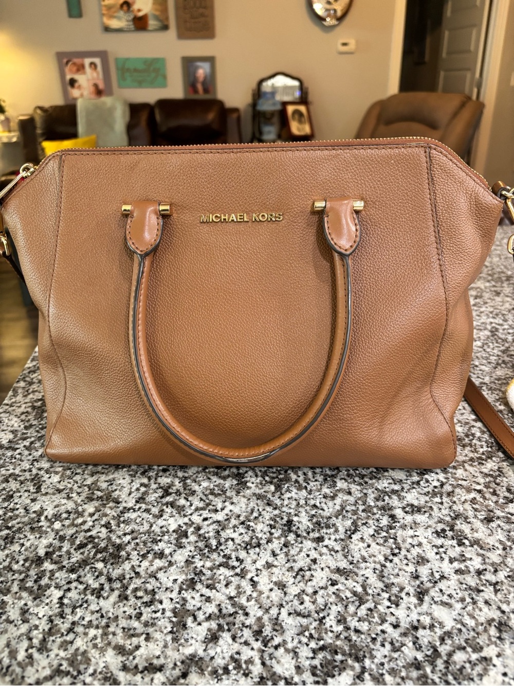 Michael Kors Cognac Pebbled Leather Satchel with Gold Hardware